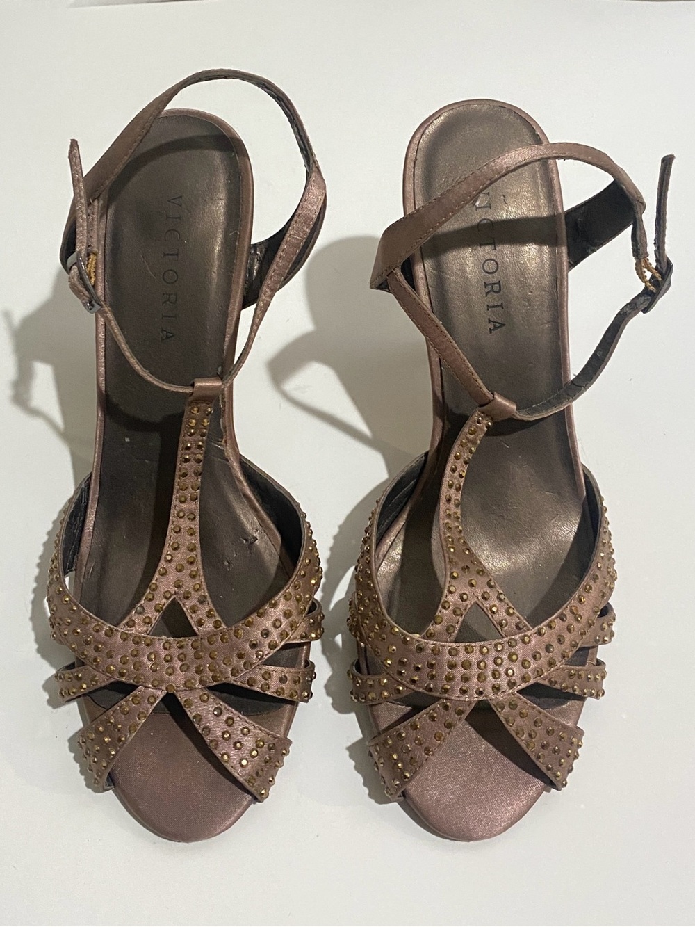Victoria Gemie Women's 8 Brown Bronze Metallic Embellished Studded Strappy Heels